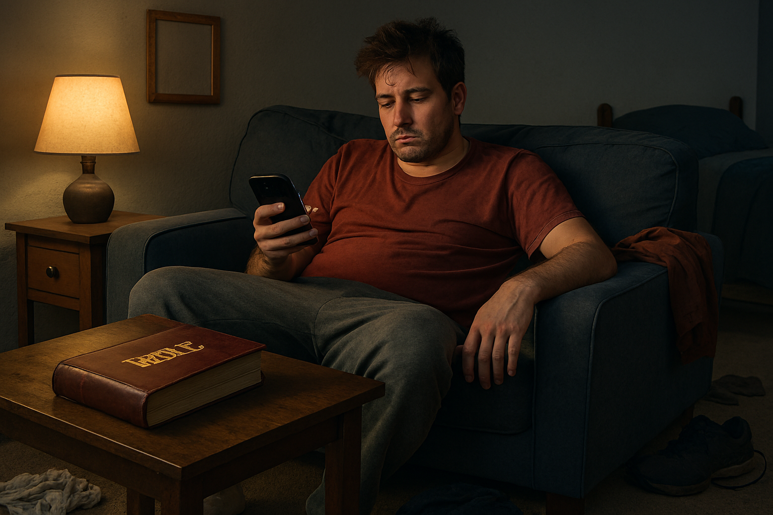 A lazy man crouching on the couch looking at the phone instead of reading the Bible